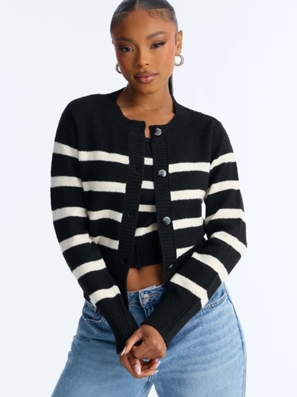 Fashion Nova Black & White Striped Cropped Button Cardigan